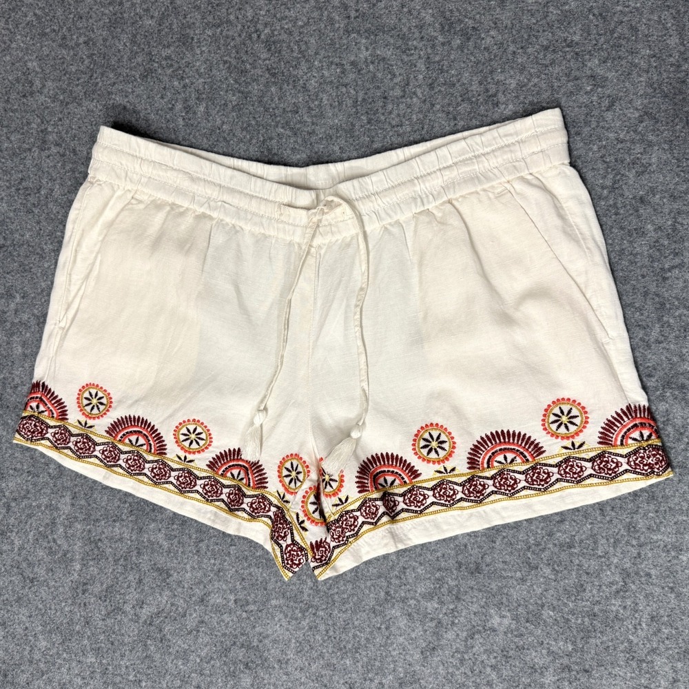 Loft, Size Medium Linen Blend Embroidered Shorts Off White Cream Boho Hippie NEW